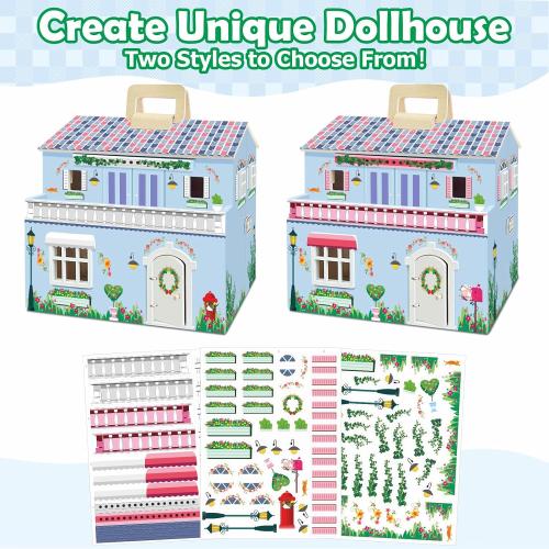 DIY Wooden Dollhouse with 3 Sticker Sheets – Create 2 Styles (White & Pink), Foldable Design with Portable Handle & Metal Lock, 4 Rooms, 16 pcs Furniture, 2 Dolls, Gift for Kids Ages 3