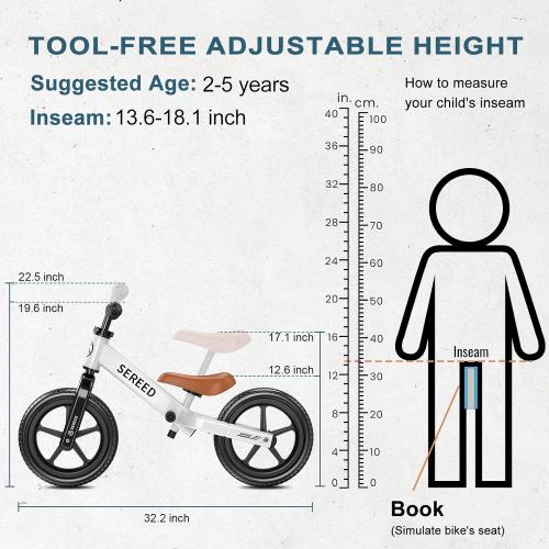SEREED Toddler Balance Bike 2 Year Old, No Pedal Kids Toy Bike for 2-5 Years Old, Tool-Free Adjustment, Gift for 2-3 Boys Girls, Customize Plate with 3pcs Stickers (White)