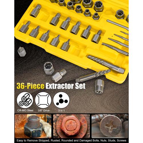 Topec 36Pcs Screw & Bolt Extractor Kit, 3-in-1 Easy Out Screw Extractor Set, 3/8 Drive Broken Bolt Extractor Socket Set, for Damaged, Rounded, Stripped Screw Removal