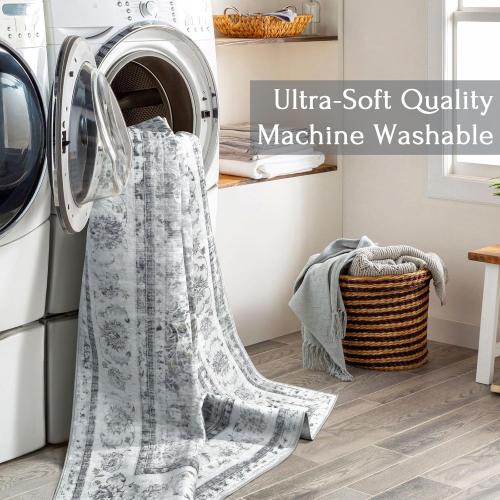 Floral 9x12 Area Rugs - Grey Large Machine Washable Living Room Rug Non Slip Ultra-Thin Stain Resistant Bedroom Rug Vintage Retro Boho Accent Rugs for Bedroom Dining Room Office Carpet