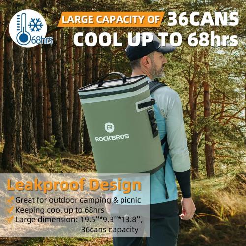 ROCKBROS Backpack Cooler Leak-Proof Soft Sided Cooler Waterproof Insulated Backpack Cooler Bag 36 Can Soft Cooler for Camping Fishing Party Outdoor Adventure Picnic