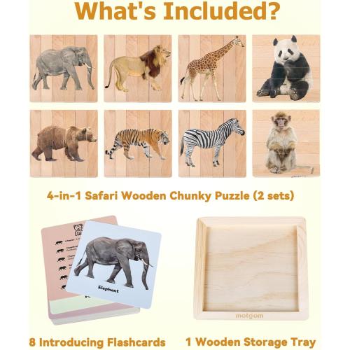 2 Pack Wooden Puzzles for Toddlers - 4 in 1 Safari Animal Chunky Puzzles Ages 2-4, Preschool Educational Montessori Toys Gifts for 2 3 4 Year Old Boys Girls