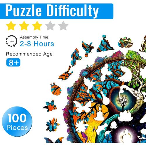 Wooden Puzzles for Adults - 100 Pieces Yinyang Tree of Life Wooden Puzzle - Unique Animal Shape Wood Cut Puzzles - Eco-Friendly Home Office Decor (S-7.9 * 7.9in)
