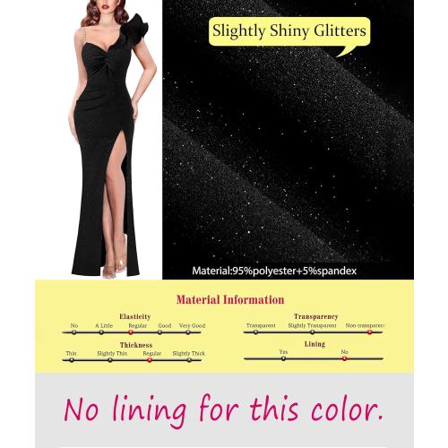 Size S..Women's Sexy Black Formal Gown - One - Shoulder Flounce, High - Cut Slit & Shimmer Fabric