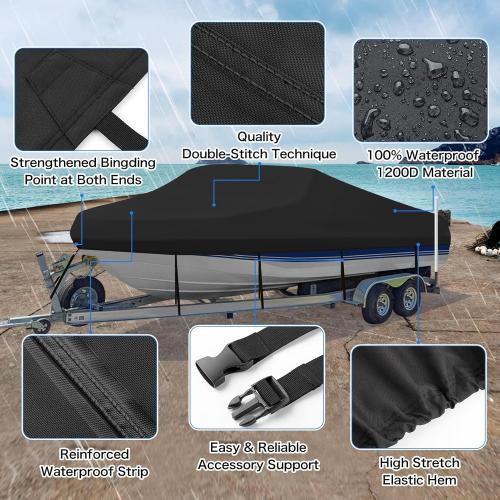 Heavy Duty 1200D PU Waterproof Boat Cover, 20'- 22' Trailerable Marine Grade Polyester Canvas, Fits 20-22ft V-Hull, Bass Boat, Runabout, Ski, Fishing Boat with Tightening Strap, Black