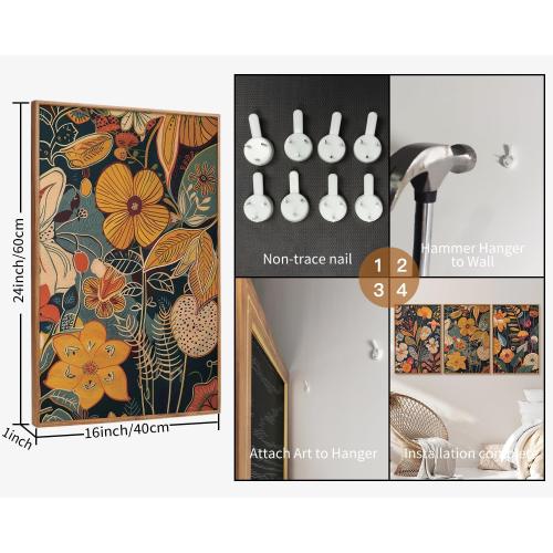 Set of 3 Size 24x36x3 SIGNINART Boho Botanical Framed Canvas Wall Art Set of 3, Mid Century Modern Wall Decor, Burnt Orange Floral Artwork, Neutral Flower Plant Art Prints for Bedroom Living Room Office