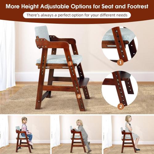 Ezebaby Wooden High Chair for Toddlers to Teens Adjustable Kids Learning Chair with Steps, Child Seats with Removable Cushions (Nut-Brown)