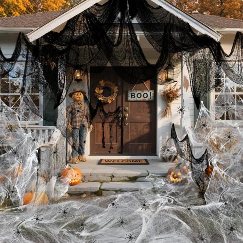 PinCute Halloween Decorations Indoor Outdoor- 5 Pack Creepy Cloth (30×72 in), 200Sqft Spider Web with 20 Spiders, Haunted House Props for Party Yard Window Porch Decor