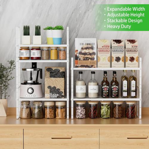 Expandable Cabinet Storage Shelf Stackable Organizer Rack for Kitchen Bathroom Pantry Spice Cupboard Countertop Home Office Desk Heavy Duty Nonslip White Small 1 PACK