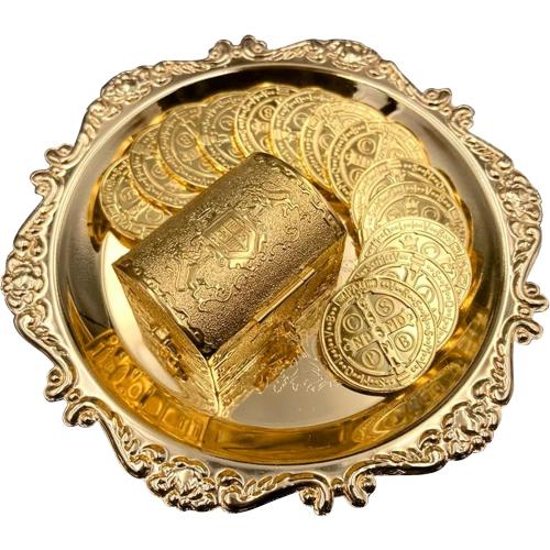 NH 24K Gold Plated Wedding Unity Coins with Tray and Treasure Box, Classic Arras Ceremony Souvenirs, Beautiful Gift Set Marriage Matrimoniales (San Benito)