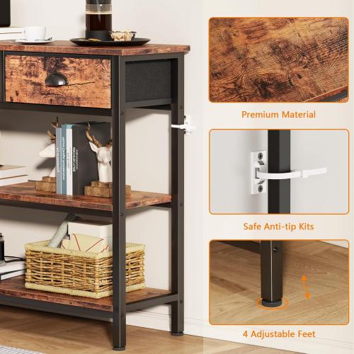 Furologee Long 47 Console Sofa Table with 3 Drawers, Entryway Table with 3-Tier Storage Shelves, Industrial Display Shelf for Entry Way, Hallway, Couch, Living Room, Kitchen, Foyer, Rustic Brown