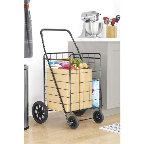 BLACK Whitmor Extra Large Utility Foldable Shopping Cart with Wheels, 100 Lb Capacity, Heavy Duty Grocery Cart with Steel Frame, Foam Handle, Rolling Collapsible Utility Trolley for Grocery, Laundry, Black