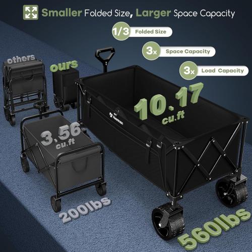 300L Extra Large Wagons Carts Foldable, 560LBS Heavy Duty Collapsible Beach Wagon 48 Long with Big All-Terrain Wheels, Utility Folding Cart for Camping, Grocery, Sports, Garden, Black