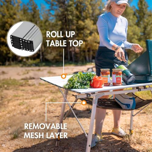Portal Camping Table Portable Foldable with Adjustable Legs, Aluminum Folding Table Roll Up Table with Carrying Bag for Outdoor, Beach, Picnic, Backyards, BBQ and Party, Silver, Big