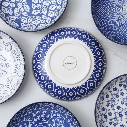 Selamica Porcelain 26 Ounce Pasta Bowls Set of 6, 8 inch Wide and Shallow Salad Bowls, Serving Bowls, Microwave & Dishwasher Safe, Sturdy & Stackable, Vintage Blue