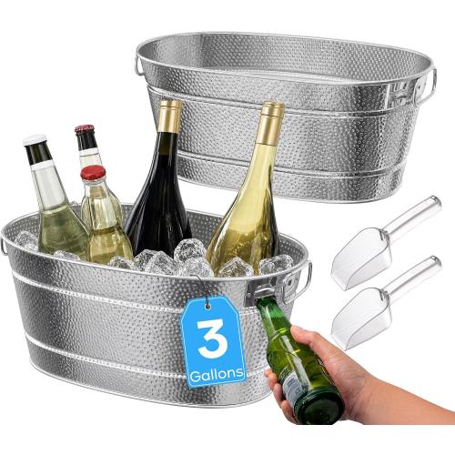 2 Pack Small Galvanized Tub with Handles - Beverage Tub, 3 Gallon Ice Bucket for Small Parties, Metal Drink Buckets for Parties for Champagne Cocktails Wine Cooling for Mimosa Bar Supplies