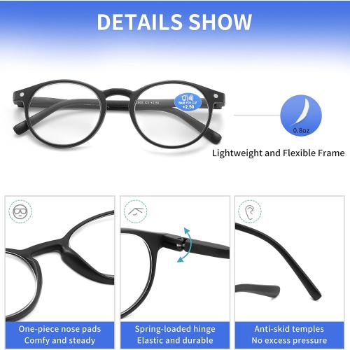 Reading Glasses Blue Light Blocking - Spring Hinges Round Eyeglasses for Men Women,4 Pairs Mix Color Anti Glare Filter Lightweight Readers with Pouches (4 Pairs Mix Color, 3.00)