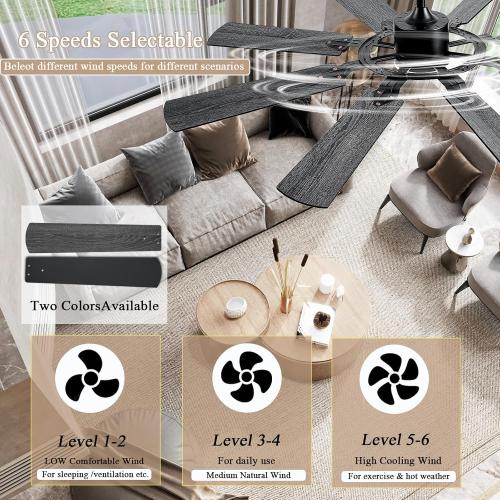 62 Inch Ceiling Fans with Lights, Large Low Profile Ceiling Fan with Remote Control, 8 Double Sided Blades, 6 Speed Reversible DC Motor, Silent Timing, Black Indoor Outdoor Ceiling Fan