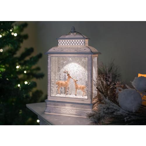 DEMDACO Distressed White Brown Deer Scene Musical LED 6 x 11 Acrylic Christmas Decorative Tabletop Snow Water Globe