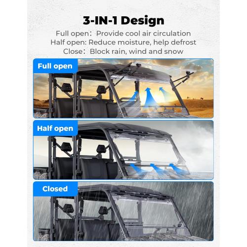 KEMIMOTO 3-IN-1 Flip Windshield Compatible with CFMOTO Uforce 1000/1000 XL | Upgraded Handles Front Windshield with Pre-Installed Rubber Strips Anti-edge-lifting Window 2019-2026 Accessories
