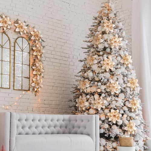 Glitter Christmas Poinsettia Artificial Xmas Flower Ornaments Flowers Decorations with Clips and Stems Glitter Poinsettia Christmas Tree Ornaments for Christmas Wedding (Champaign Gold,36 Pieces)