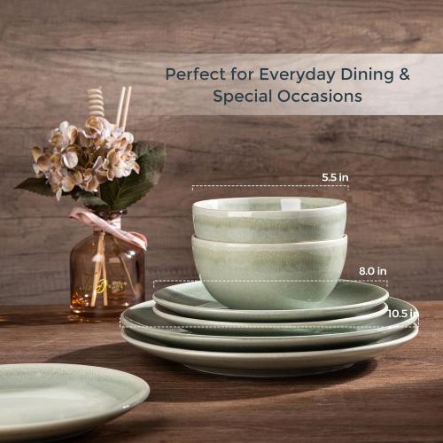 AmorArc Ceramic Dinnerware Sets for 4, 12 Pieces Handpainted Plates and Bowls Set, Scratch Resistant Stoneware Dishes Set, Dishwasher & Microwave Safe, Olive Green