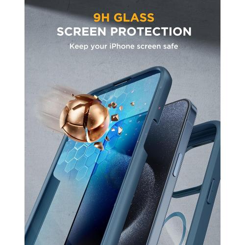 Miracase Magnetic for iPhone 15 Pro Max Case 6.7'' [Compatible with Magsafe] Full-Body Drop Proof Bumper Phone Case for iPhone 15 Pro Max with Built-in 9H Tempered Glass Screen Protector,Blue