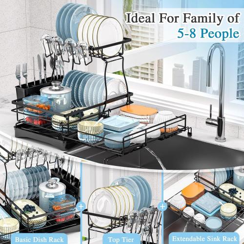 2 Tier Dish Drying Rack, Large Extendable Dish Racks for Kitchen Counter or Over Sink, Dishrack with Drainboard, 2-in-1 Anti-Rust Stainless Steel Dish Drainer with Utensil Holder & Cup Holder (Black)