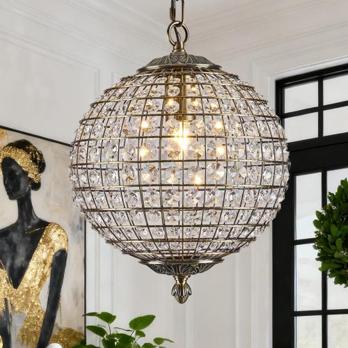 Macarena Gold Vintage Crystal Globe Chandelier 12 Round Antique Bronze Retro Pendant Hanging Light Fixture for Dining Room Kitchen Island Bedroom Hallway Entryway Foyer Bathroom Closet