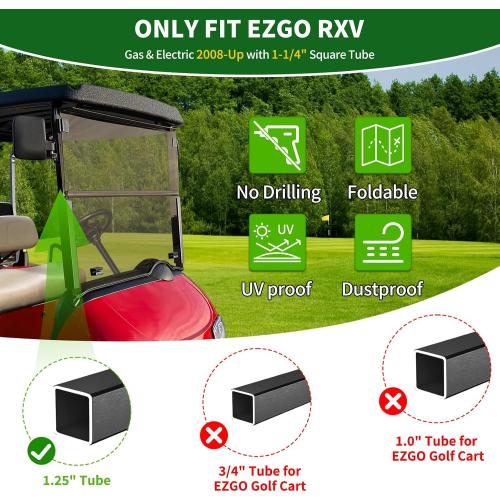 Tinted Golf Cart Foldable Windshield 3/16 (5MM) Thicken for 2008-Up EZGO RXV / Freedom RXV, 37.91 W×33.46 H, Fits 1-1/4 Strut Rail Window Glass Replacement Scratch-Resistant, Shatterproof