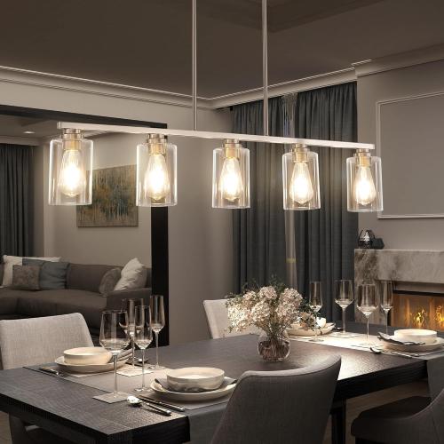 Island Light for Kitchen, Brushed Nickel Dining Room Light Fixture Over Table, 5-Light Linear Chandelier Pendant Lighting for Dining Table Kitchen Island Living Room