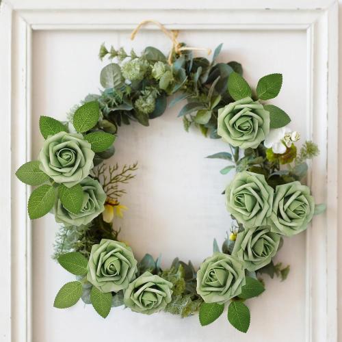 Mocoosy 50Pcs Rose Artificial Flowers, Sage Green Fake Roses for Decorations, Real Touch Elf Green Foam Roses with Stems DIY Wedding Bouquet Bridal Shower Centerpieces Floral Arrangements Home Decor