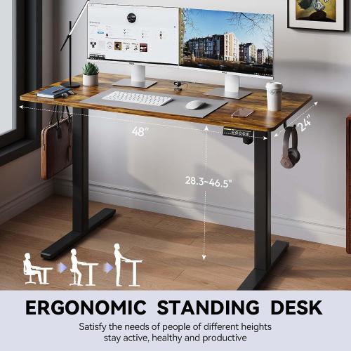 Electric Standing Desk,48x24 Inches Adjustable Height Stand up Desk, Sit Stand Home Office Desk with Splice Board, 3 Preset Heights,Equipped with Hooks,Ergonomic Computer Workstation，Brown