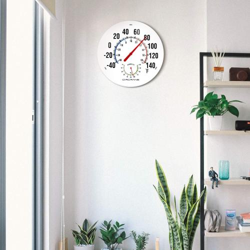 White 13.25 Circrane 13.25 Inch Round Thermometer with Hygrometer, Large Indoor Wall Patio Bimetal Weather Thermometer, No Battery Required, White