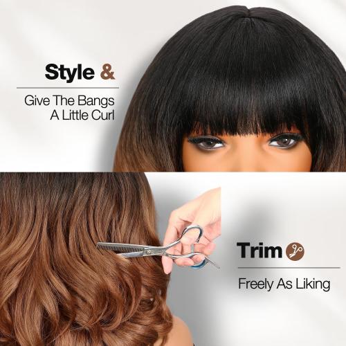 WIGER Short Yaki Wigs with Bangs Ombre Brown Natural Curly Bob Wigs for Women Shoulder Length Wavy Synthetic Wigs Wear And Go Wig Glueless Heat Resistant Hair for Daily or Events