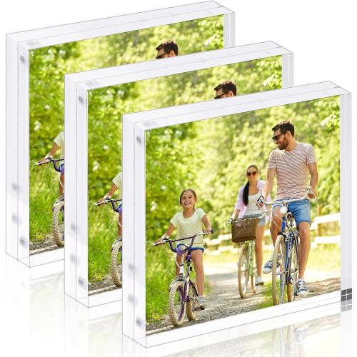 Fixwal 4x4 Acrylic Picture Frame, 3 Pack Thick Clear Double-Sided Magnetic Frames, Frameless Photo Frames for Desktop Tabletop Display