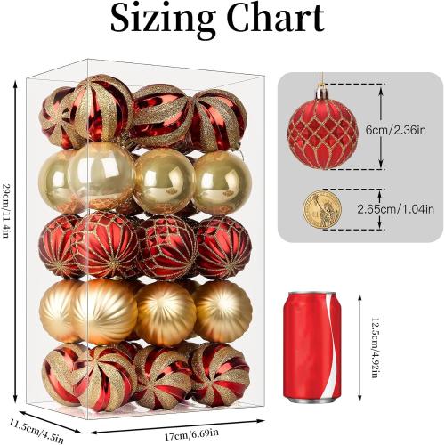 SHareconn 30ct 2.36 Inch Christmas Tree Balls Ornaments, Colored Shatterproof Plastic Decorative Baubles Decorations for Xmas Tree Decor Holiday Party Wedding Decoration (Red & Gold, 60mm)