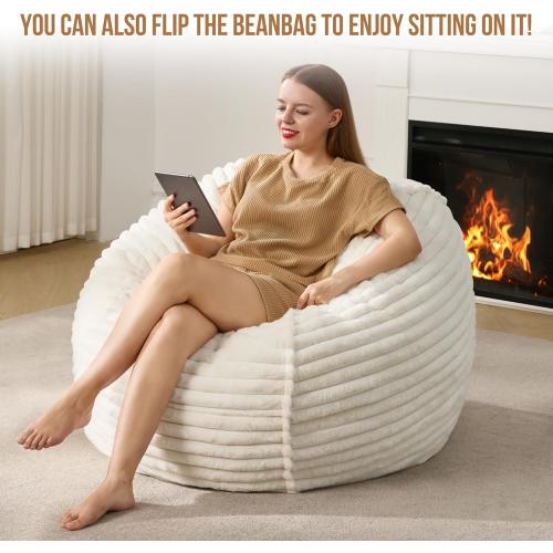 Hobestluk 3ft Bean Bag Chairs for Adults Large Beanbag Chair with Stripe Plush Cover Big Bean Bag Chair for Living Room Bedroom Dorm Office - White (36” x 36” x 22”)