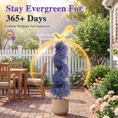 PATIO CHOICE 3ft Artificial Topiary Spiral Trees with Lavender Set of 2 High End Outdoor Faux Plants Realistic Fake Bushes Lilac Shrubs Decorations for Outdoor Front Porch Garden