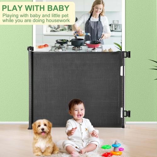 Retractable Baby Gate, Extra Wide Safety Kids or Pets Gate, 33” Tall, Extends to 55” Wide, Mesh Safety Dog Gate for Stairs, Indoor, Outdoor, Doorways, Hallways(33”x55”- Black)