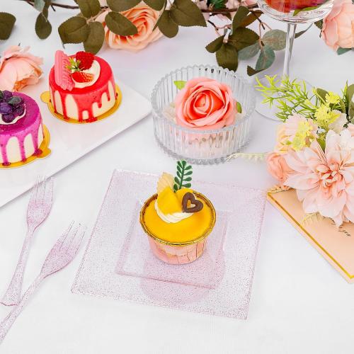 200 Pcs Pink Dessert Plates Including 100Pcs Appetizer plates 6'',100Pcs Plastic Forks 5.7'',Rose Glitter Plastic Square Plate for Wedding,Pink Salad plates and Cake forks for Birthday Party