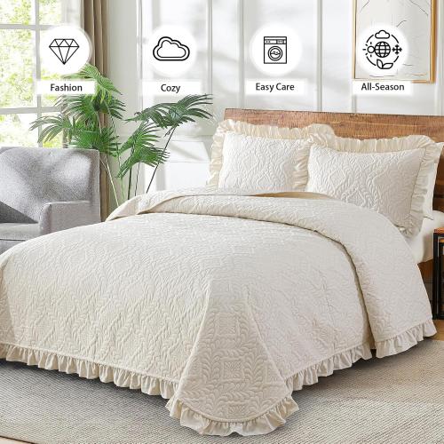 Size Large Set of 3 Quilt Bedding Set Size, Beige Ruffled Lightweight Soft Bedspreads Queen Size Coverlet, Basket Weave Quilted Blanket Thin Quilt Bed Cover for All Season - 3 Piece (1Quilt, 2 Pillow Shams)