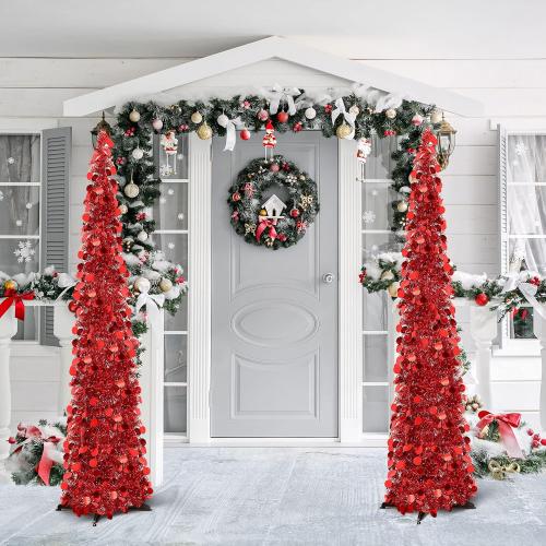 Aoriher 5 ft Pre-lit Pop up Christmas Tinsel Tree Decor Reusable Collapsible Artificial Sequins Slim Pencil Tree with Colorful String Lights for Holiday Party Home Indoor Outdoor(Red)