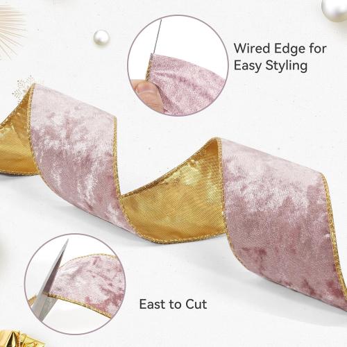 Pink Wired Velvet Ribbon, Christmas Ribbon Wired, 2.5 inch × 10 Yards Wide Pink and Gold Ribbons for Christmas Tree Topper Bow Ornaments, Gift Wrapping, Wreaths Garland Crafts, Home Decor