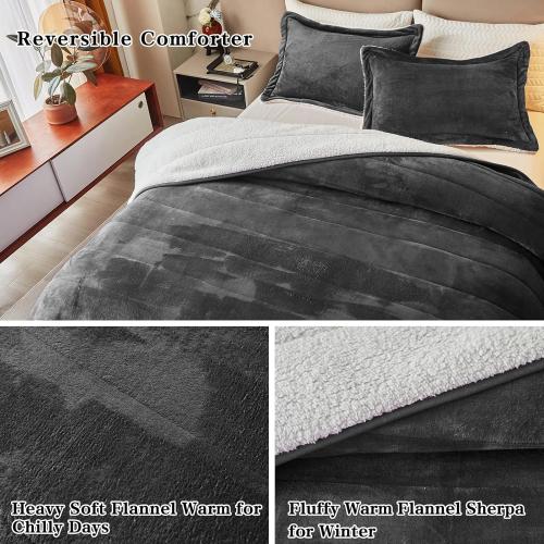 3-Layer Luxury Flannel Fleece Thick Bed Blanket Full Queen Size, Soft Plush Velvet Sherpa Blanket with 2 Pillow Shams Heavy Warm for Winter, Breathable n Washable, Dark Gray