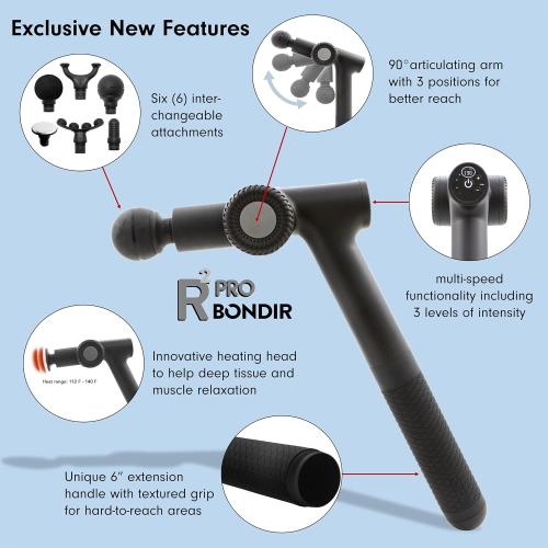 R2pro Massage Gun with Heated Head, 6X Heads, Extension Handle, Articulating Arm - Powerful High Intensity Deep Tissue Massager for Back, Neck, Legs, Whole Body, Muscle Recovery, Rechargeable