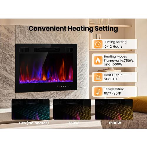 Electric Fireplace Insert 36 Realsmart 1500W Wall Mounted Fireplaces Recessed Heaters Remote Control Slim Black Fireplace Touch Screen Timer 12 Flame Colors LED Decor Low Noise