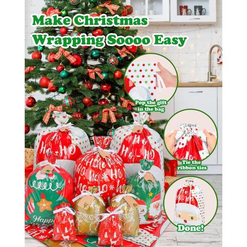 38pcs Christmas Gift Bags with Ribbon Ties, Christmas Bags for Gifts Assorted Sizes Small/Medium/Large Christmas Gift Bags, Holiday Christmas Wrapping Paper Reusable Plastic Santa Bag Wrapping Bags