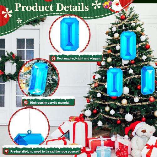 Syhood 9.5 Inch Jumbo Jewel Ornament Large Jewel Ornaments for Christmas Tree Acrylic Glitter Christmas Gem Hanging Decorations for Xmas Wedding Holiday Party Decor(Sky Blue, Rectangle)