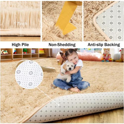 Rezutan Fluffy Rug for Living Room Bedroom,Soft Large Comfy Modern Shaggy Fuzzy Kids Rug for Living Room, Plush Indoor Nursery classroo Home Decor Bedside with Non-Slip Bottom,Camel, 8X10 Feet